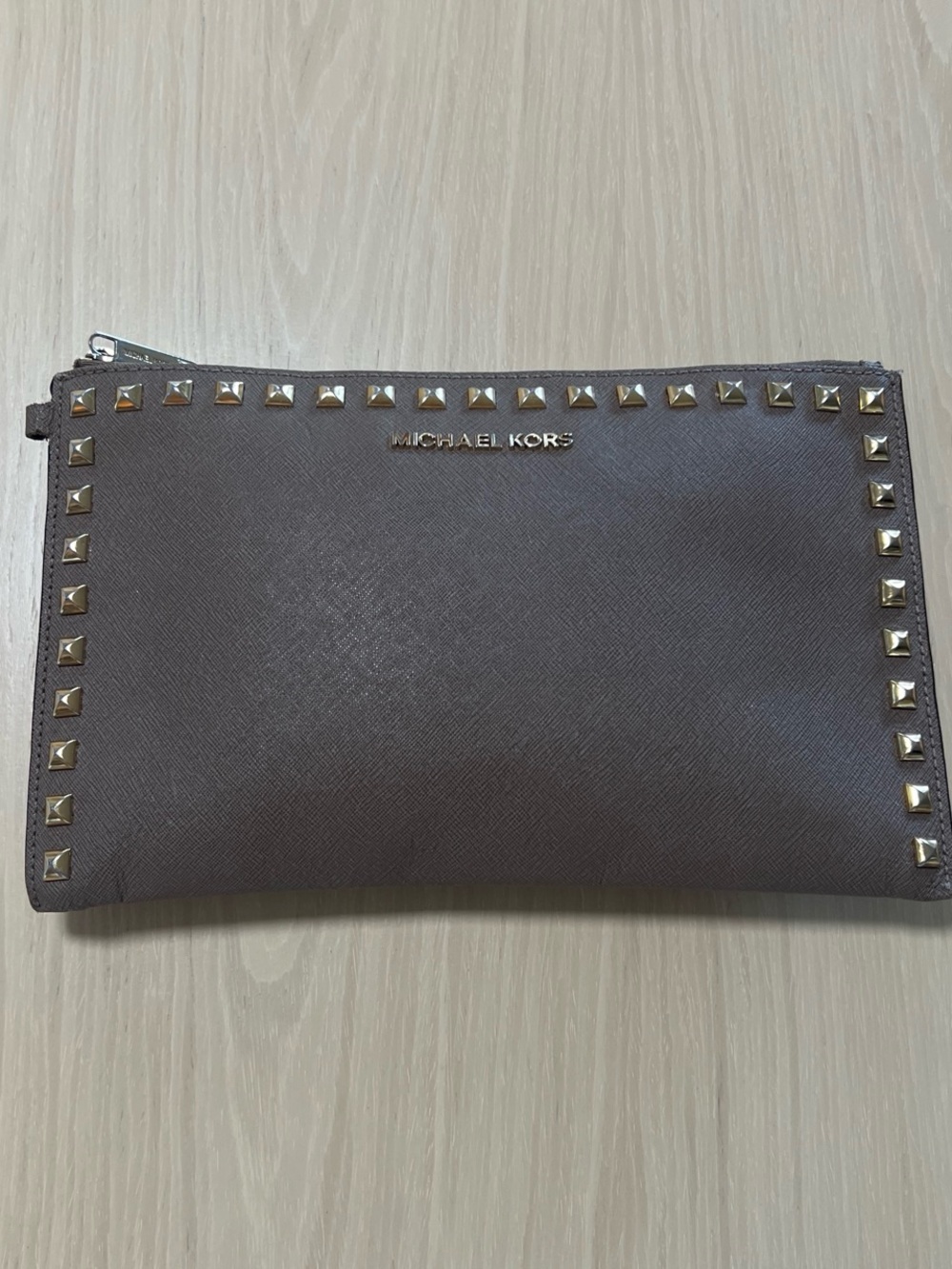 Michael Kors Taupe Saffiano Leather Studded Zip Clutch